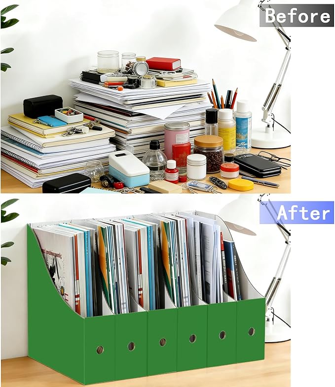 Limitliho 6 Pack Cardboard Magazine Holder for Desk, Book Bins for Classroom Library,Office,Home, 10.6" H x 10.2" L x 3.5" W in Magazine File Holder (Green)