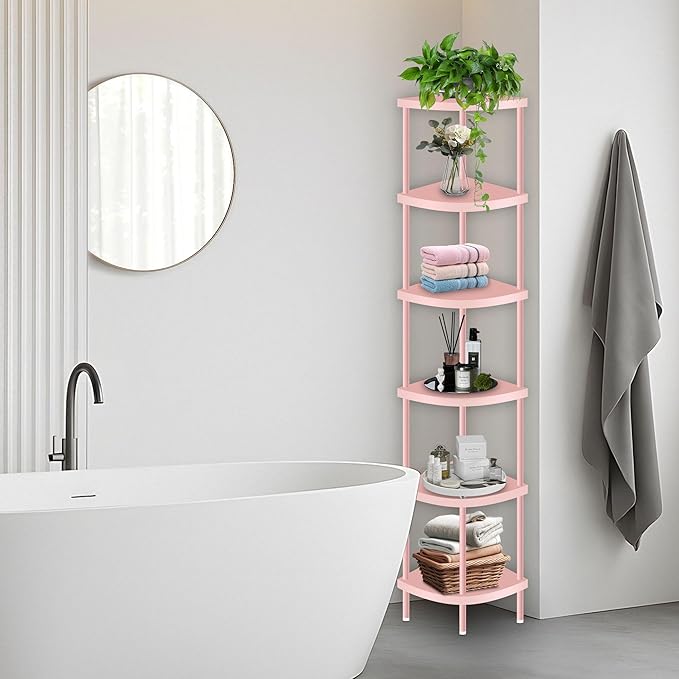 Qupui 6 Tier Corner Shelf Stand, 66” Tall Corner Bookshelf Multipurpose Shelving Unit, Corner Stand Display Rack Home Organizer Shelves for Bedroom Living Room, Pink
