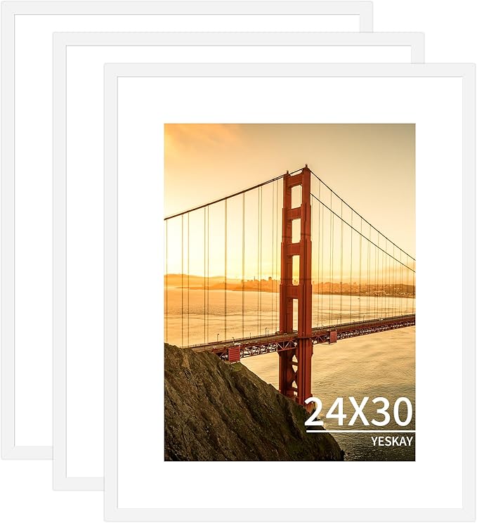 24x30 Picture Frame 3 Pack - White Poster Frame Display Pictures 18x24 with Mat or 24 x 30 Without Mat for Wall Hanging Horizontal and Vertical