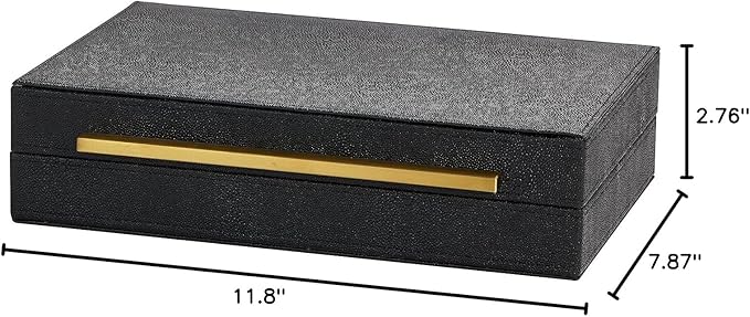 Kingflux Black Shagreen Leather Decorative Box, Storage Box Jewelry Organizer, Woment&Men's Accessory Organizer With Matt Golden Stainless Steel Handle (Black)