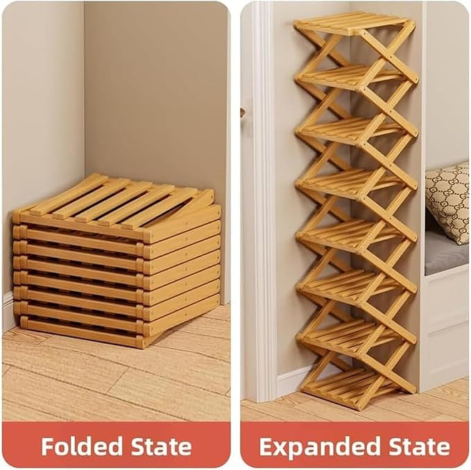 The 8-Tier No-Assembly Bamboo Rack, Bamboo Shoe Rack, Foldable Shoe Rack, Space Saving Collapsible Shelves for Entryway, Closet, Bathroom, Bamboo Shoe Rack, Foldable Shoe Rack (Wood, 8Tier)