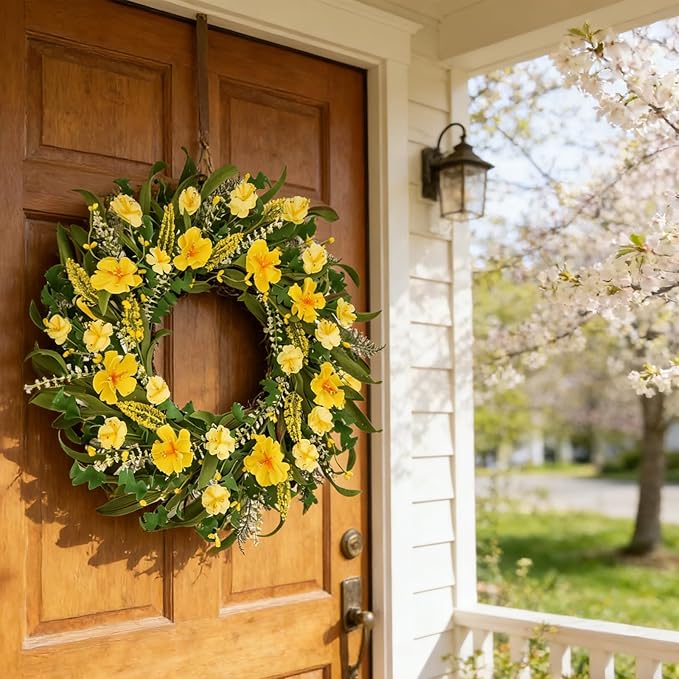 22 Inch Spring Summer Wreaths for Front Door, Artificial Flowers Wreath with Yellow Floral Green Leaves Berries and Grain Spikes, Farmhouse Wreath for Front Porch Wall Indoor Outdoor Home Decor
