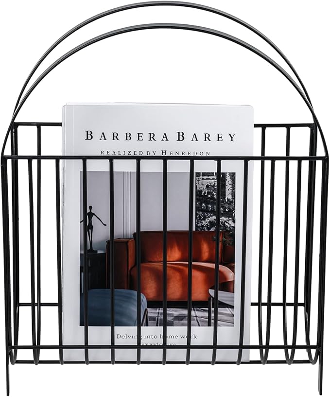 MyGift Deluxe Mid Century Metal Wire Magazine Rack in Matte Black Finish, Tabletop or Floor Standing Sling Basket for Magazines and Newspapers