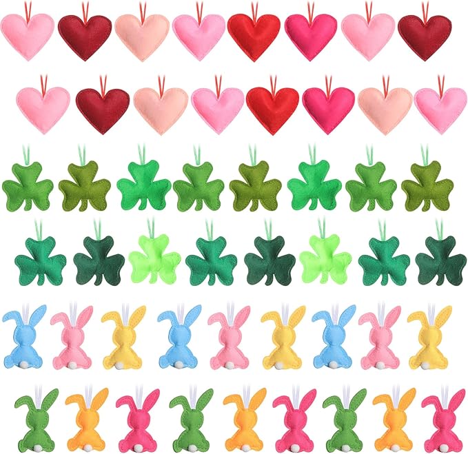 Jutom 108 Pcs Felt Valentine's Day Heart Hanging Ornaments St. Patrick's Day Shamrock Easter Egg Ornaments Heart Shaped Clover Baubles Shamrock Egg Felt Decoration for Holiday Favor (Fresh)
