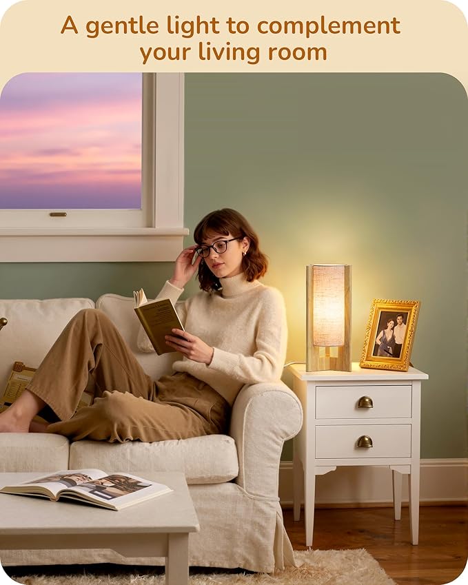 EDISHINE Small Wood Table Lamp, 13.5" Modern Bedside Lamp, Beige Linen Shade, Natural Wood Cylinder Nightstand Lamp for Bedroom Living Room, On-Off Line Switch, E26 Base (Bulb Not Included)