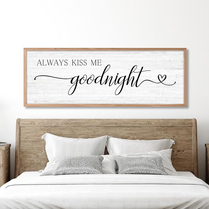 Always Kiss Me Goodnight Wall Sign Above Bed 41.3''×15'' Large Farmhouse Wall Decor for Bedroom Couples Room Decor Framed Wood Wall Art Rustic Master Bedroom Wall Decoration (brown frame)
