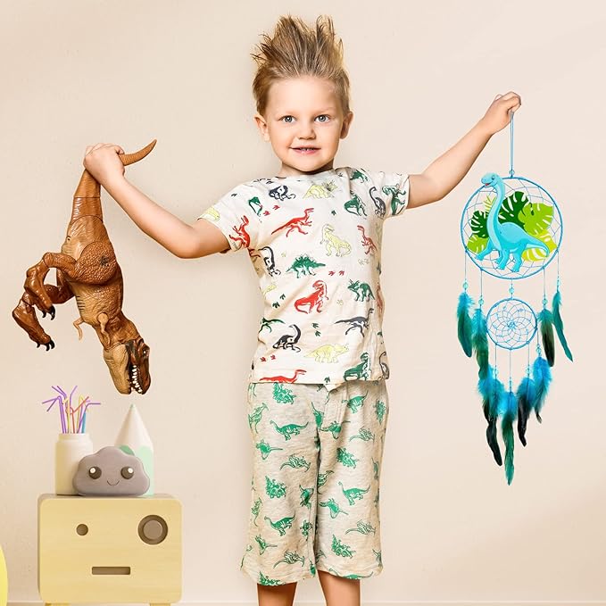 Basumee Dream Catcher for Kids Feather Dream Catchers Handmade Home Decor Wall Hanging with Double Ring for Nursery Bedroom Boys Room, Light Blue Dinosaur