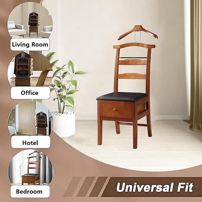 Chair Valet With Drawer,Wooden Suit Valet Stand With Contour Hanger,Trouser Bar and Tie & Belt Bar, 18" W x 23" D x 44" H,Natural wood color