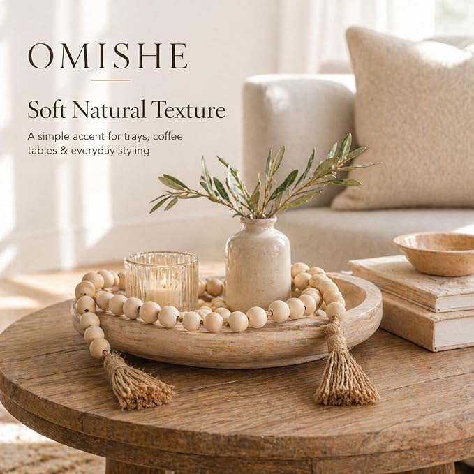 OMISHE 60" Long Extra Large Wood Bead Garland with 1.6" Diameter Wooden Beads and Tassels, Rustic Farmhouse Country Decorative Beads for Home Decor Tiered Tray Decor, Natural Beige
