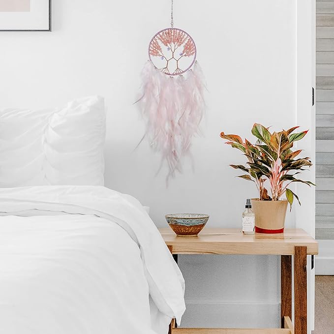 Pretty Jolly Double Tree of Life Dream Catcher Wall Decor with Healing Crystal Stone Handmade White Light Pink Feather Dream Catchers Decoration Wall Hanging Bedroom Wedding Party Blessing Gift-25.6"