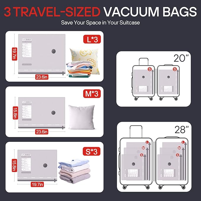 VMstr Vacuum Seal Bags for Clothing Travel, Carry-on Size for Luggage Compression Packing, Space Bags with High Pressure Electric Pump (DC Power) 9-Pack Combo Size Travel Set