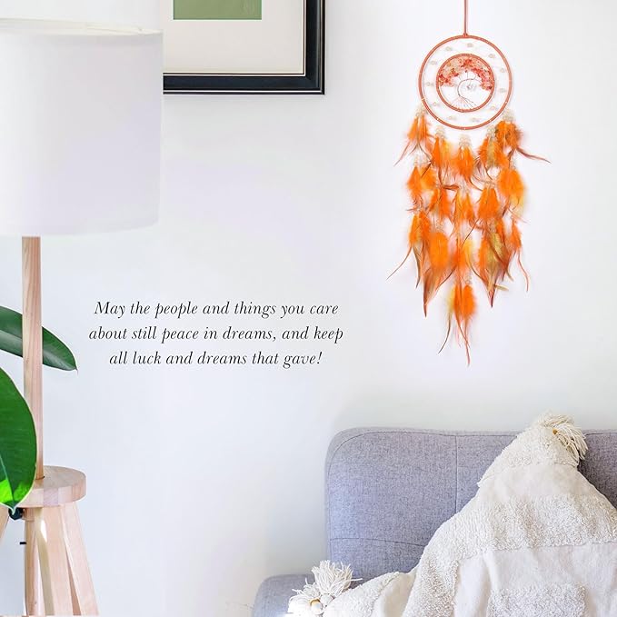 Pretty Jolly Orange Tree of Life Dream Catcher Wall Decor with Luminous Beads Handmade Crystal Stones Dreamcatchers Wall Hanging with Small Butterfly Pendant for Bedroom Wedding Party Wish Gift