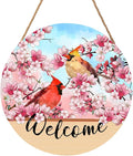 Welcome Spring Summer Cardinal Birds Front Door Sign 12"x12" Pink Blossoming Flower Floral Wood Door Hanger for Outdoor Outside Porch Decor Farmhouse Seasonal Wreaths for Front Door Wall Hanging Sign