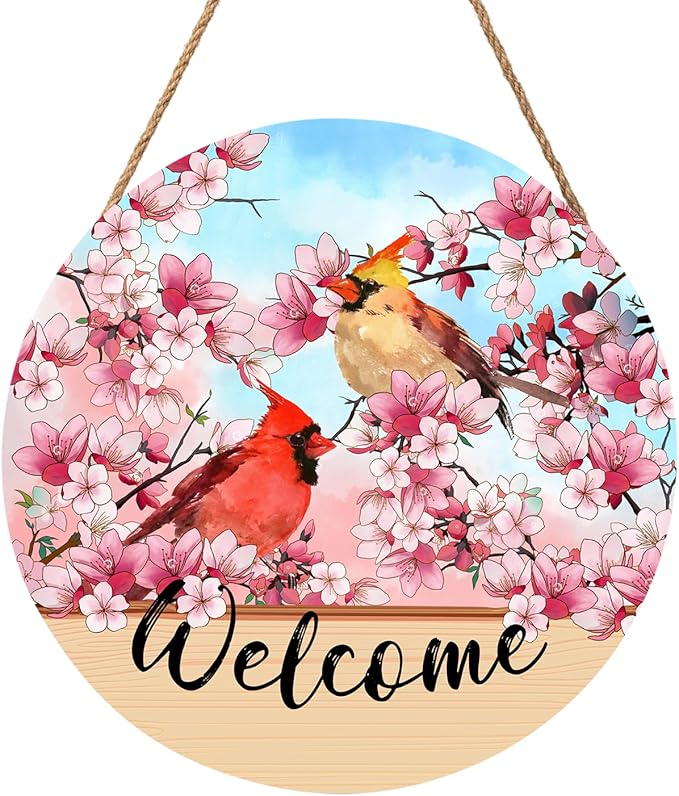 Welcome Spring Summer Cardinal Birds Front Door Sign 12"x12" Pink Blossoming Flower Floral Wood Door Hanger for Outdoor Outside Porch Decor Farmhouse Seasonal Wreaths for Front Door Wall Hanging Sign