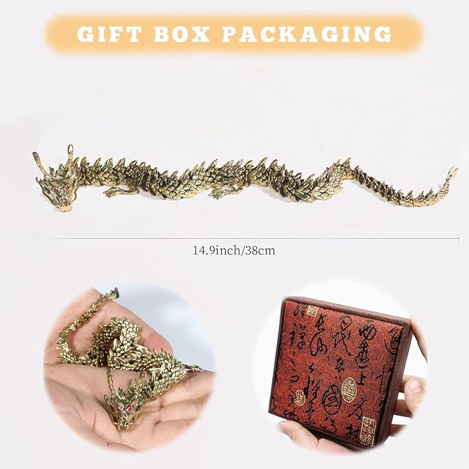 LIYAOLI Metal Large 3D Printed Articulated Chinese Dragon Figurine Statue Bookshelf Decor 15 Inch Copper Flexible Joints Luck Dragon for Home Office Desk Decoration
