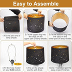 Black Lampshades Set of 2, Drum Lamp Shades with Sky Stars Design, 11.6" x 12.6" x 9.8" Inches Medium Lampshades for Table Lamp, Floor Lamp, Pendant Light, Harp Holders Included, Easy Assembly