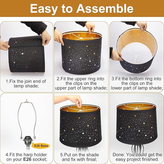 Black Lampshades Set of 2, Drum Lamp Shades with Sky Stars Design, 11.6" x 12.6" x 9.8" Inches Medium Lampshades for Table Lamp, Floor Lamp, Pendant Light, Harp Holders Included, Easy Assembly
