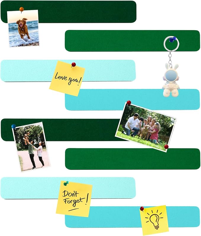 8Pcs Rectangle Felt Cork Board Bar Strips with 35 Pushpins, Self-Adhesive Bulletin Board Strips for Office School Home Wall Decor Stickers Memos Schedules Photos Display -Gradual Green