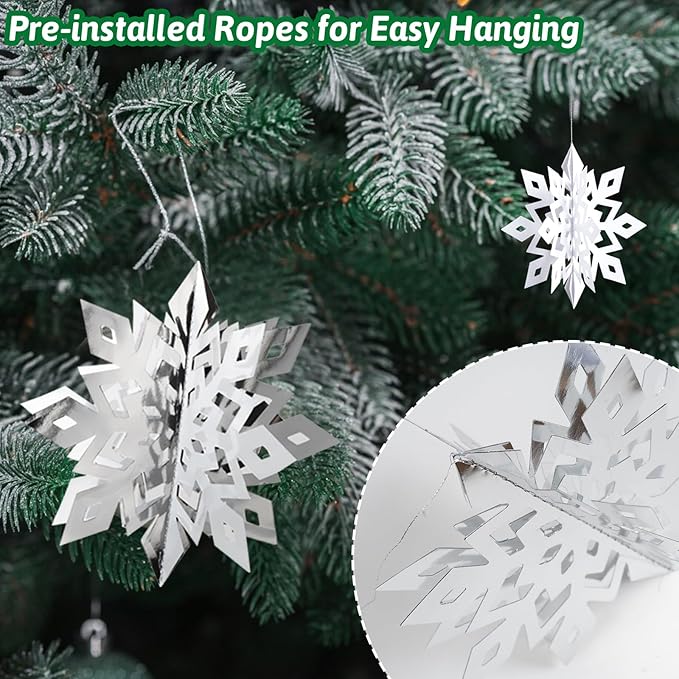 OuMuaMua Winter Christmas Snowflake Decorations Indoor, 36PCS 3D Large White and Silver Snowflakes Hanging Ornaments for Home Xmas Christmas Holiday Winter Wonderland New Year Party Decorations