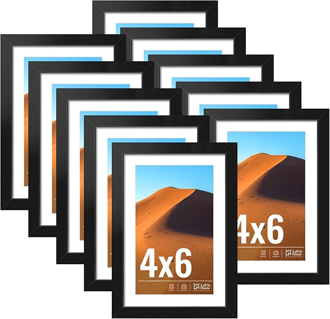 LaVie Home 4x6 Picture Frame Black Set of 10, Display 3.5x5 with Mat or 4 x 6 Without Mat Picture, Photo Frame Collage for Wall Gallery or Table Deco, Hanging or Tabletop Display