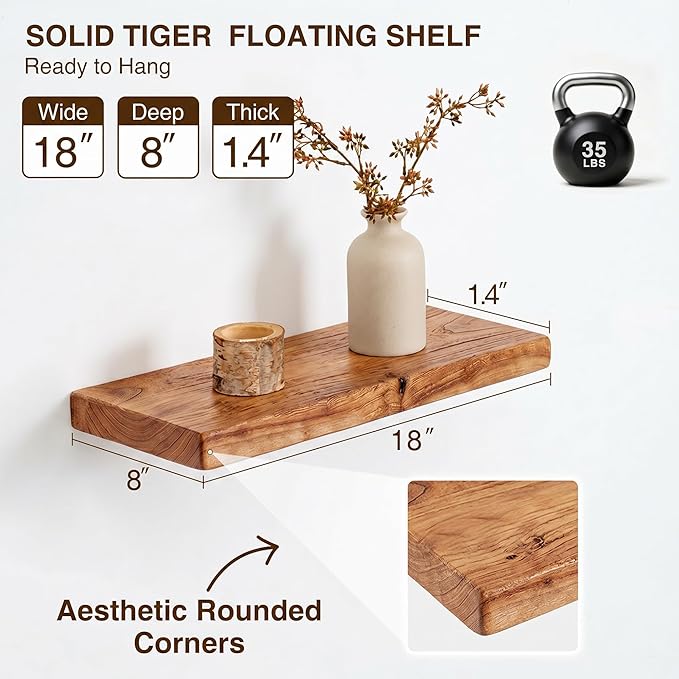18 Inch Floating Shelves, Solid Wood Wall Shelves, 8 Inch Deep Floating Shelf – for Bathroom, Bedroom, Living Room, Kitchen, Home Decor & Storage, Heavy-Duty Wooden Shelf Wall-Mounted, Set of 2
