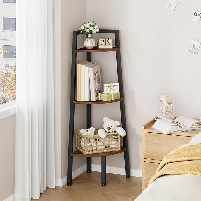 Hoctieon Corner Shelf, 3-Tier 40" Tall Corner Bookshelf, Rustic Ladder Shelf, Industrial Display Stand for Living Room, Kitchen, Home Office, Balcony, Small Space, Metal Frame, Rustic Brown