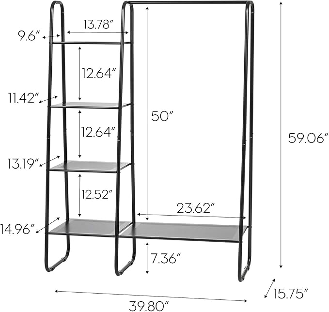 IRIS USA Clothes Rack with 4 Metal Shelves, Freestanding Clothing Racks for Hanging Clothes, Easy to Assemble, Standing Metal Sturdy Garment and Accessories Rack, Small Space Storage Solution, Black