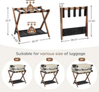 26.77" Full Assembled Luggage Rack for Guest Room, Set of 2 Bamboo Foldable Suitcase Stand, Bedroom & Hotel, Folding Luggage Holder with 5 Nylon Straps, 600D Oxford Fabric Shelf Walnut