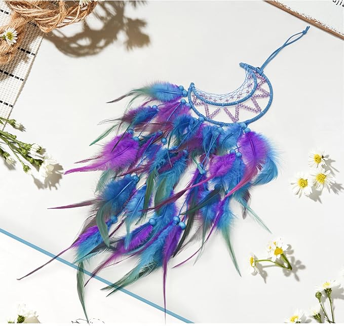 Dream Catcher Wall Decor for Girls With Feathers and Beads Pendant - Handwoven Kit for Bedroom and Living Room Decoration (Blue Purple)