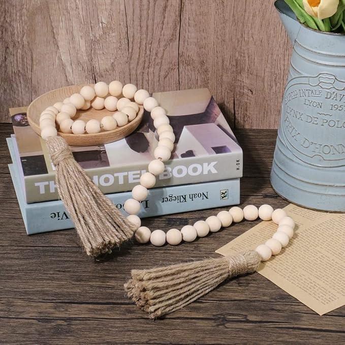 Sivya 2Pcs Wood Bead Garland With Tassels, Rustic Farmhouse Decor for Tiered Tray and Wall (Natural Wood, 58in/2Pcs)