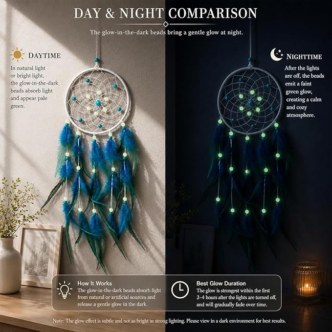 Handmade Turquoise Blue Dream Catcher for Boy– Glow in The Dark Wall Hanging Decor for Boys Girls Bedroom, Nursery, Kids Room, Birthday