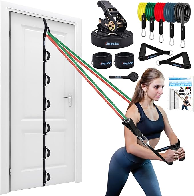 Brebebe Upgrade Door Anchor Strap for Resistance Bands Exercise, Multi Points Anchor Straps with 7 Loops+ 7 D Rings, Home Gym Workout Equipments with Ratchet Adjust Tighten Straps Not Loose, Sturdy