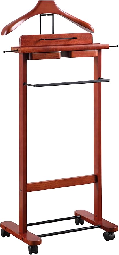 Proman Products Deluxe Suit Valet Stand VL16204 with Top Tray, Slide Out Tray, Contour Hanger, Trouser Bar, Tie & Belt Hooks and Shoe Rack, 17" W x 13" D x 41" H, Dark Cherry