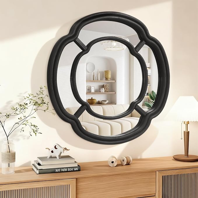 Black Wall Mounted Mirror, Large Irregular Circle Hanging Mirror Wooden Wavy Framed Round Decorative Mirrors for Hallway Entryway Vanity Decor 20 Inch Mirrors