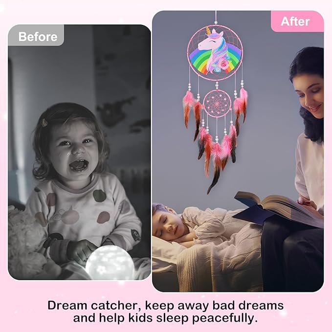 Basumee Dream Catcher for Kids Feather Dream Catchers Handmade Home Decor Wall Hanging with Double Ring for Nursery Bedroom Boys Room, Rainbow Unicorn