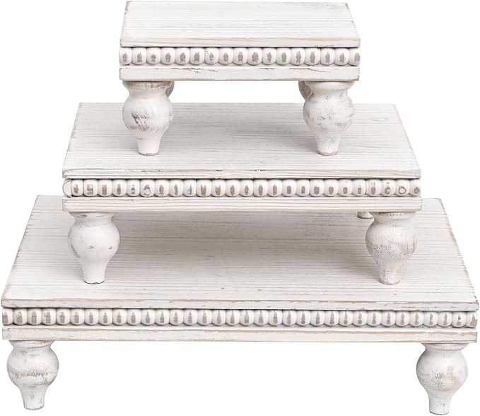 Swallowliving 3 Pcs Set Farmhouse Wood Risers for Display Decorative, Rustic Shabby Chic Tiered Tray for Kitchen Counter, Coffee Bar Table, Dining Room, Wooden Rectangle Beaded Pedestal Stand for Food, White