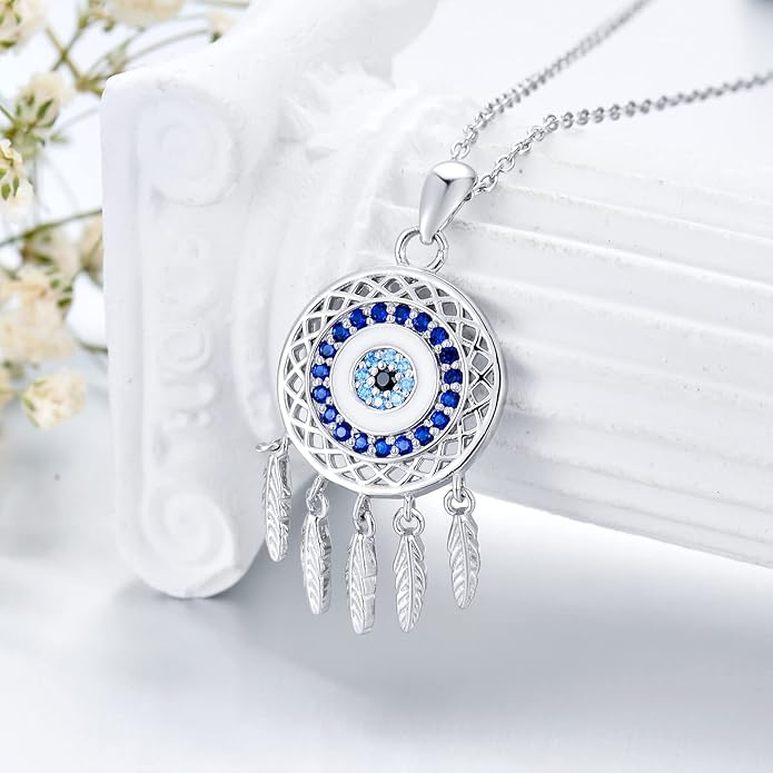 Dream Catcher Pendant Necklace 925 Sterling Silver Synthetic Moonstone Crystal Sunflower Rose Flower Evil Eye Dreamcatcher Cremation Jewelry Gifts for Women Wife Mom