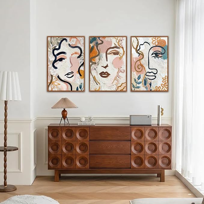 KAlRNE Abstract Woman Wall Art Set of 3(24”X36”),Boho Modern Line Wall Decor,Modern Matisse Framed Canvas Paintings, Floral Graffiti Art Prints For Living Room Bedroom Women Office Decoration