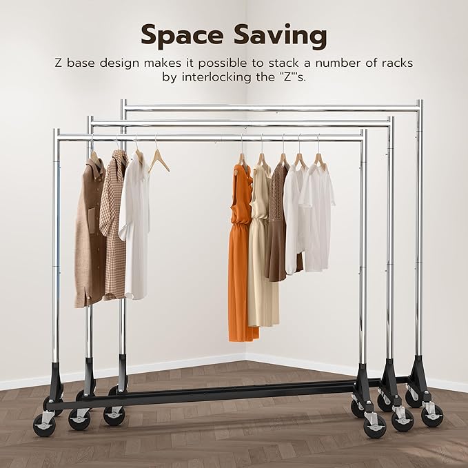 HOKEEPER Commercial Z Base Garment Rack Hold 500LBS Heavy Duty Clothing Rack Adjustable Rolling Clothes Rack for Hanging Clothes Racks on Wheels Portable Z Rack, Chrome Finish