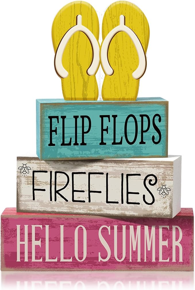 Yuntau 4 Pcs Summer Table Decorations Wooden Sign Flip Flops Table Centerpiece Summer Tiered Tray Decor Decorative Faux Book Stack Block for Coffee Fireplace Mantel Floating Shelf Hawaii