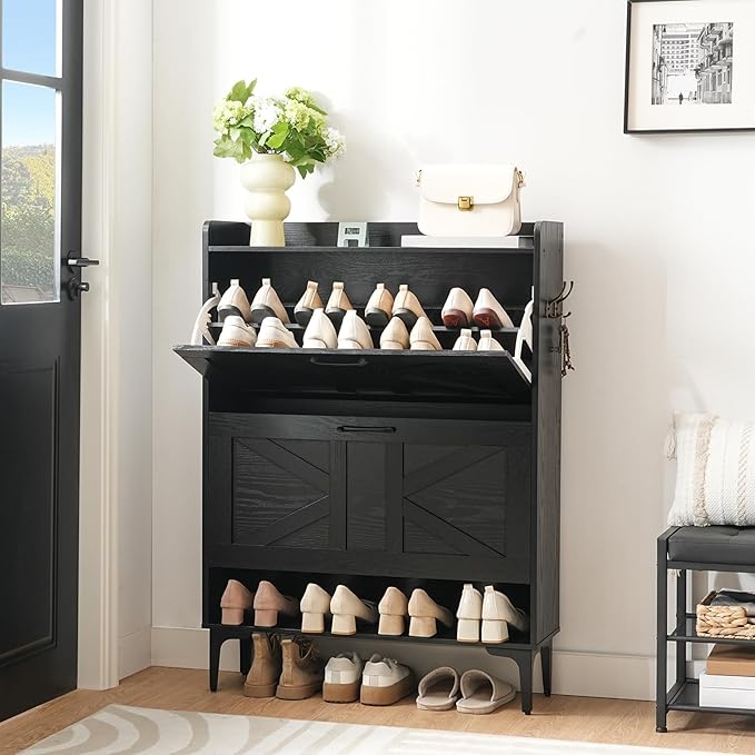 Shoe Storage Cabinet, Shoe Organizer with 2 Flip Drawers, Hidden Shoe Storage for Entryway, Freestanding Shoe Cabinet Organizer with Open Storages, Black SHHB9401