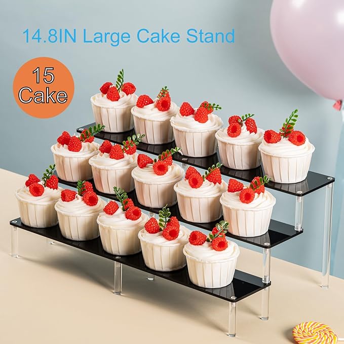 HENABLE Black 14.8 IN Large Acrylic Perfume Organizer Stand, Clear Display Risers for Perfume, Cologne, Cosmetic, Skincare, Funko POP, Dessert Display, Cupcake Stand Holder
