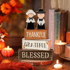 Lineshading 4 Pcs Fall Table Decoration Wooden Pilgrim Couple Decor Thanksgiving Tiered Tray Decor Fall Centerpiece Rustic Decorative Pilgrim Block Signs Gift Farmhouse for Home Kitchen Shelf