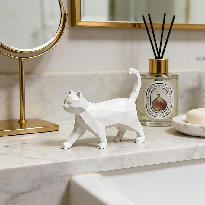 Cynkeyee Geometric Knick Knacks Cat Statue - Modern Resin Sculpture for Home Decor Minimalist Bookshelf Desk Figurine Small White Trinkets for Shelf Decor Office Decoration Accent 6x5x1.6 Inches