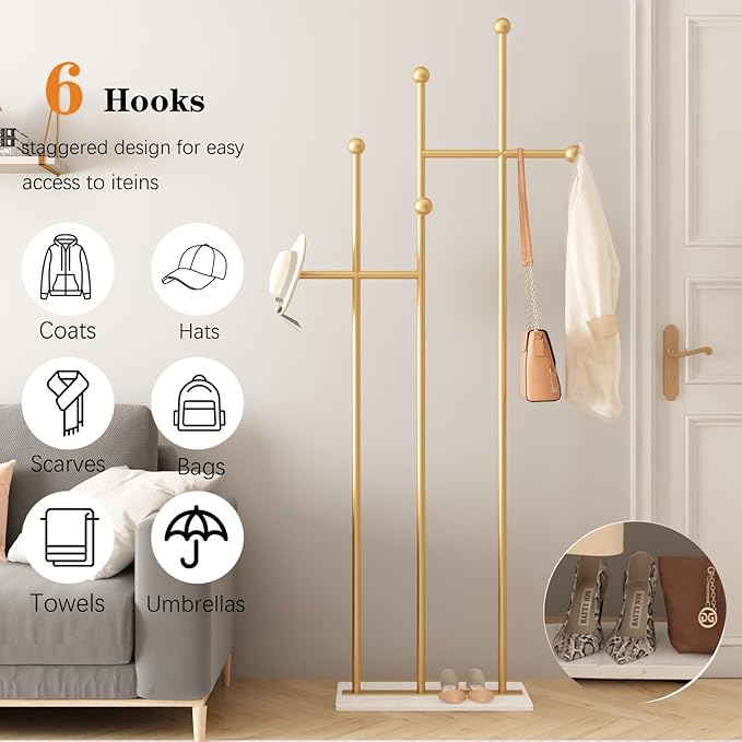 Gold Coat Racks with Marble Base Heavy Duty Clothes Rack Metal Coat Tree for Clothes Hats Scarfs Totes-19.7''L,GOLD