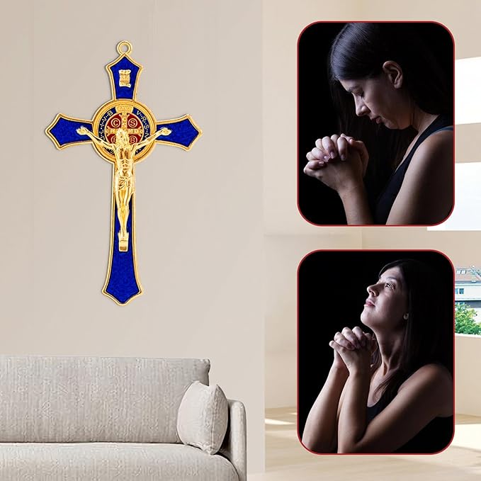 St Benedict Crucifix Blue,Crucifix Wall Cross for Catholic Decor,Medalla De San Benito,Jesus Christ Hanging Cross Wall Decor,Crucifijo Del Perdon,Saint Benedict Medal Prayer for Home Decoration