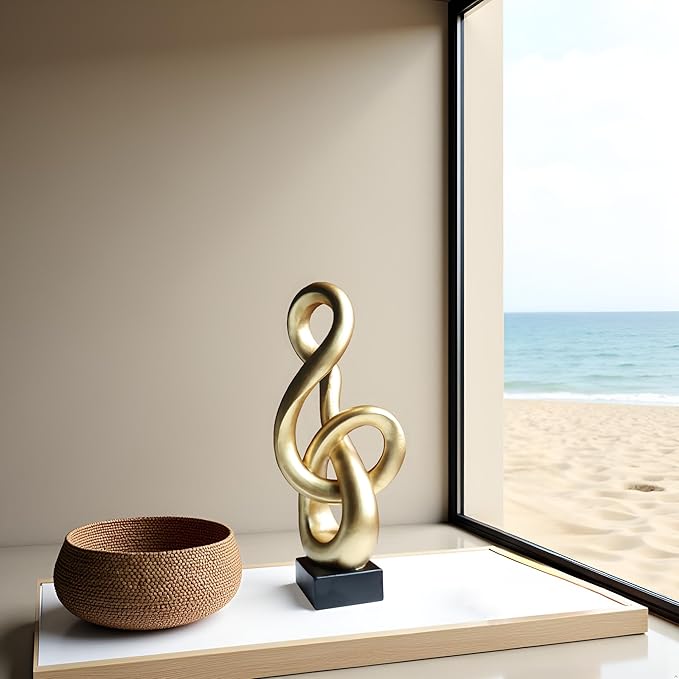 16" Modern Abstract Ribbon Decorative Sculpture, Knot Sculptures,Home Decor,Coffee Table Statues,Dining Living Room Desk Decor,Musical Note,Golden