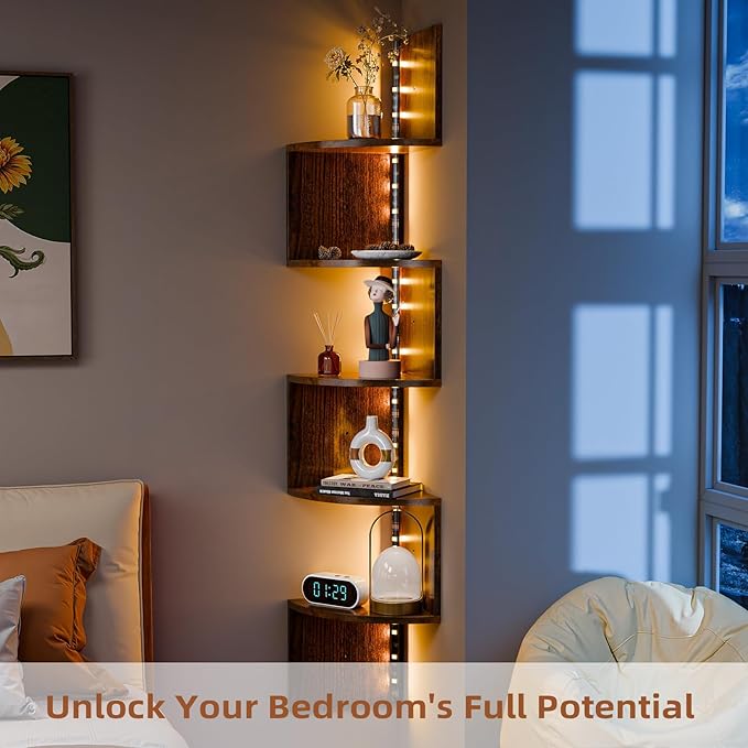 HAAYOT Corner Shelf Wall Mounted: 5-Tier Floating Shelves with Lights for Living Room, Bedroom, Home Office, Rustic Brown