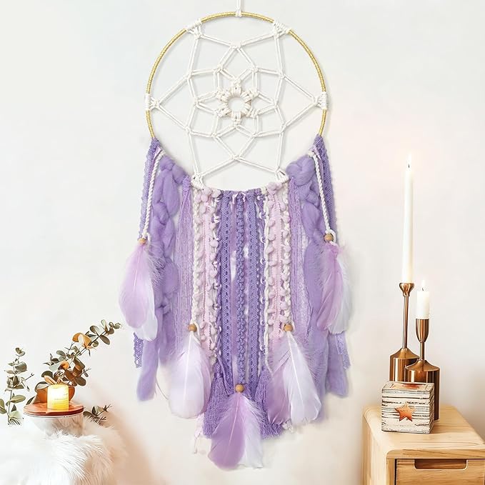 LOMOHOO Large Dream Catcher Handmade Feather Dreamcatcher, Traditional Dream Catchers with Woven Tassels Boho Wall Hanging for Girl Kids Bedroom Baby Room Home Decor Craft Ornament Gift (Purple)