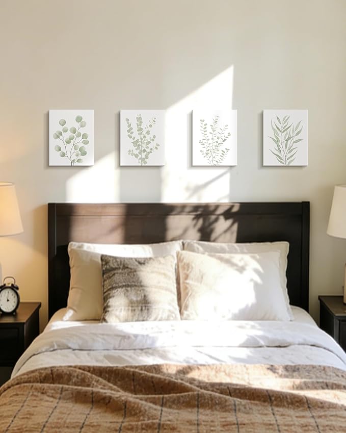 Drsoum Botanical Plant Framed Wall Art Boho Wall Decor for Bathroom Sage Green Eucalyptus Leaf Prints Minimalist Aesthetic Ready to Hang Set of 4, 8x10 in (Framed)